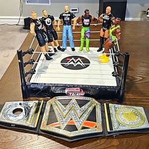 WWE Mattel Tough Talkers Total Tag Team Interactive Ring, complete six Figures
